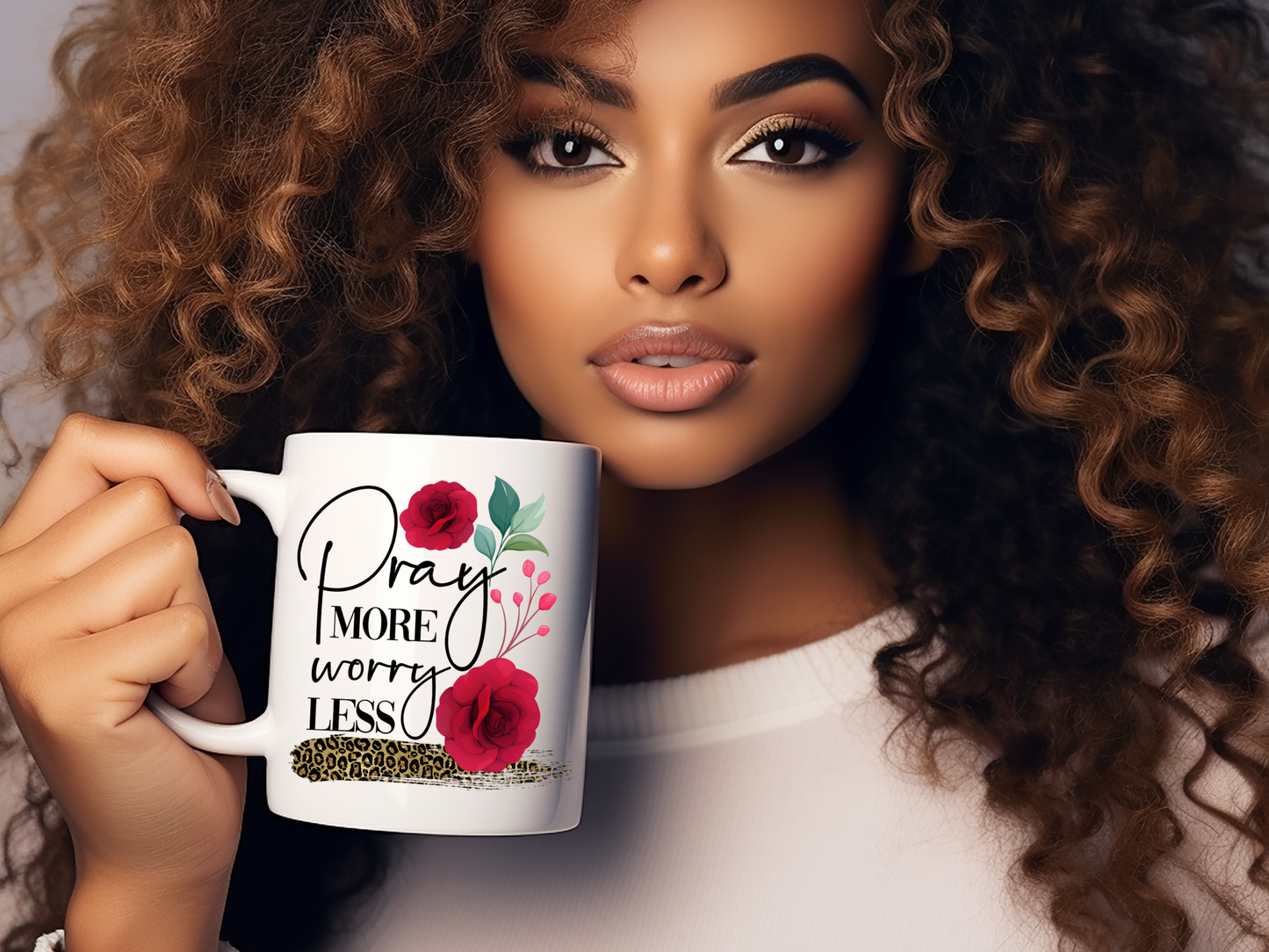 Pray More Worry Less Floral Mug - 11oz Inspirational Ceramic Coffee Cup