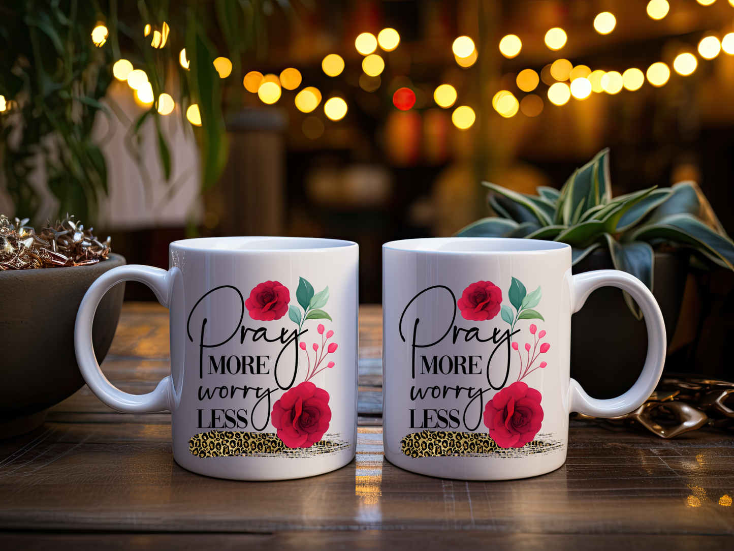 Pray More Worry Less Floral Mug - 11oz Inspirational Ceramic Coffee Cup