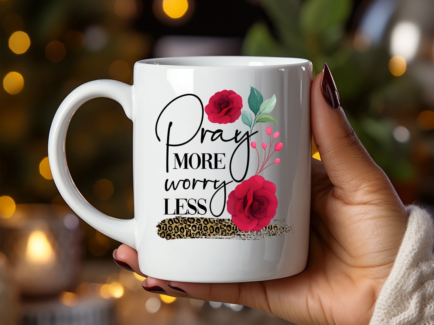 Pray More Worry Less Floral Mug - 11oz Inspirational Ceramic Coffee Cup