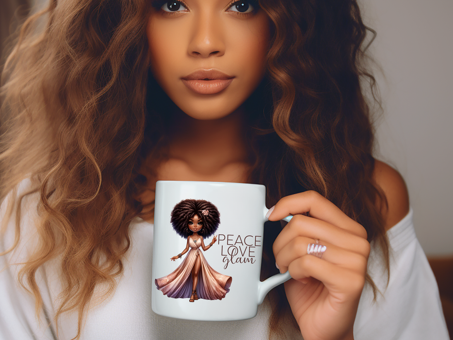 Peace Love Glam Mug - 11oz Ceramic Coffee Cup with Luxury Glam African American Doll Design