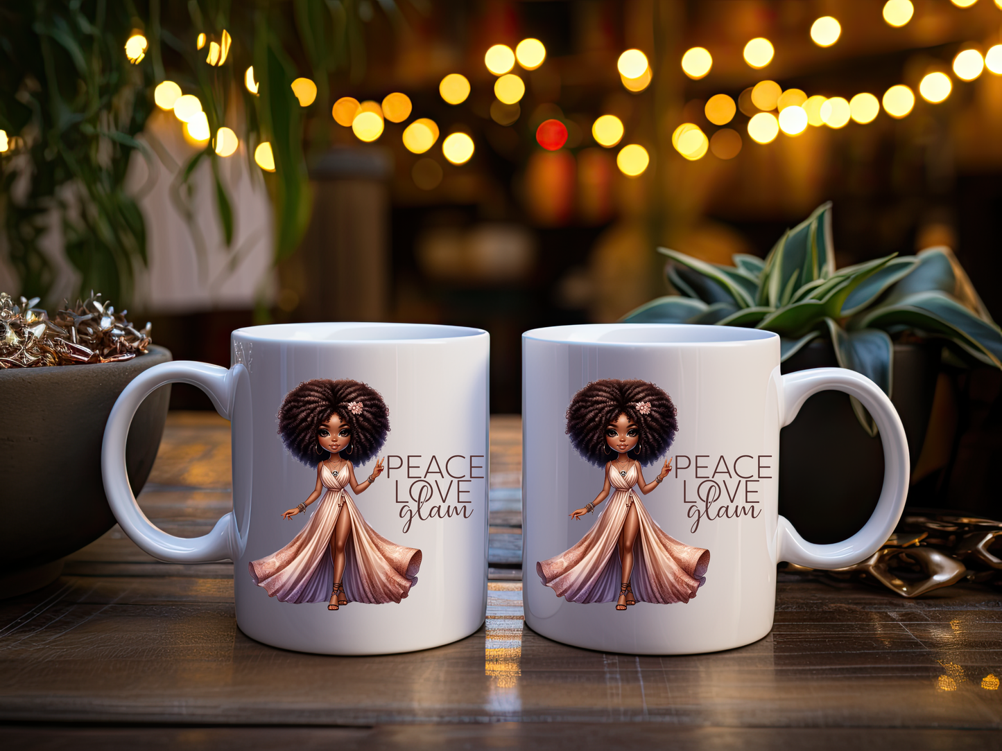 Peace Love Glam Mug - 11oz Ceramic Coffee Cup with Luxury Glam African American Doll Design