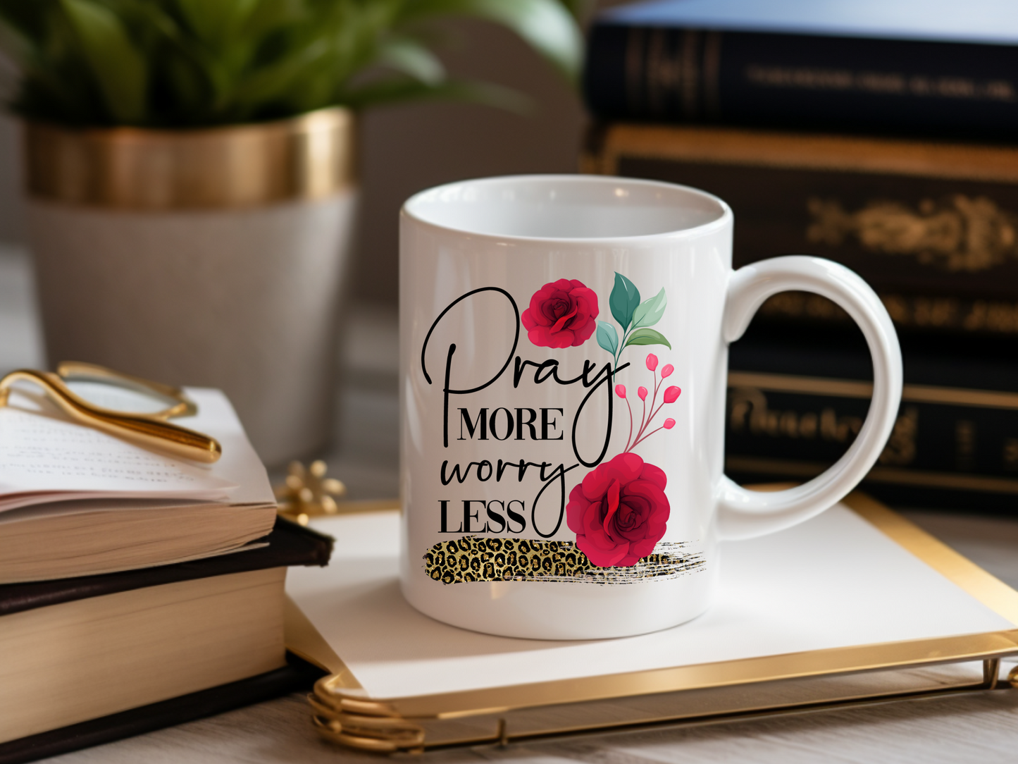 Pray More Worry Less Floral Mug - 11oz Inspirational Ceramic Coffee Cup