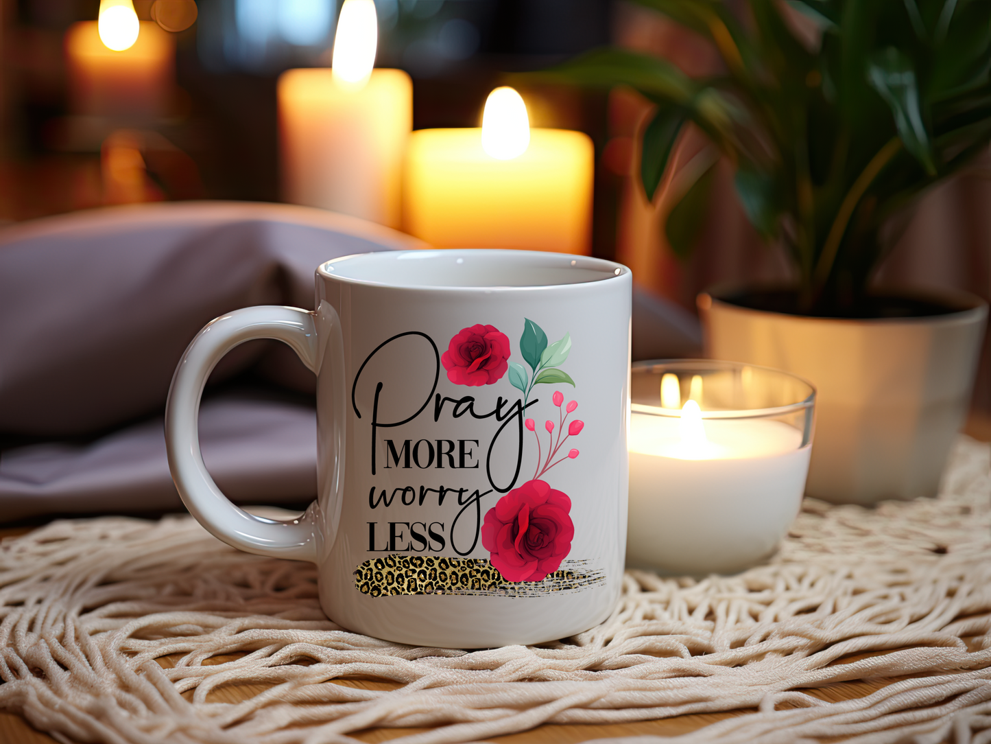 Pray More Worry Less Floral Mug - 11oz Inspirational Ceramic Coffee Cup