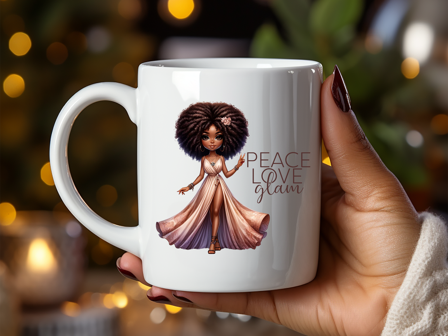 Peace Love Glam Mug - 11oz Ceramic Coffee Cup with Luxury Glam African American Doll Design