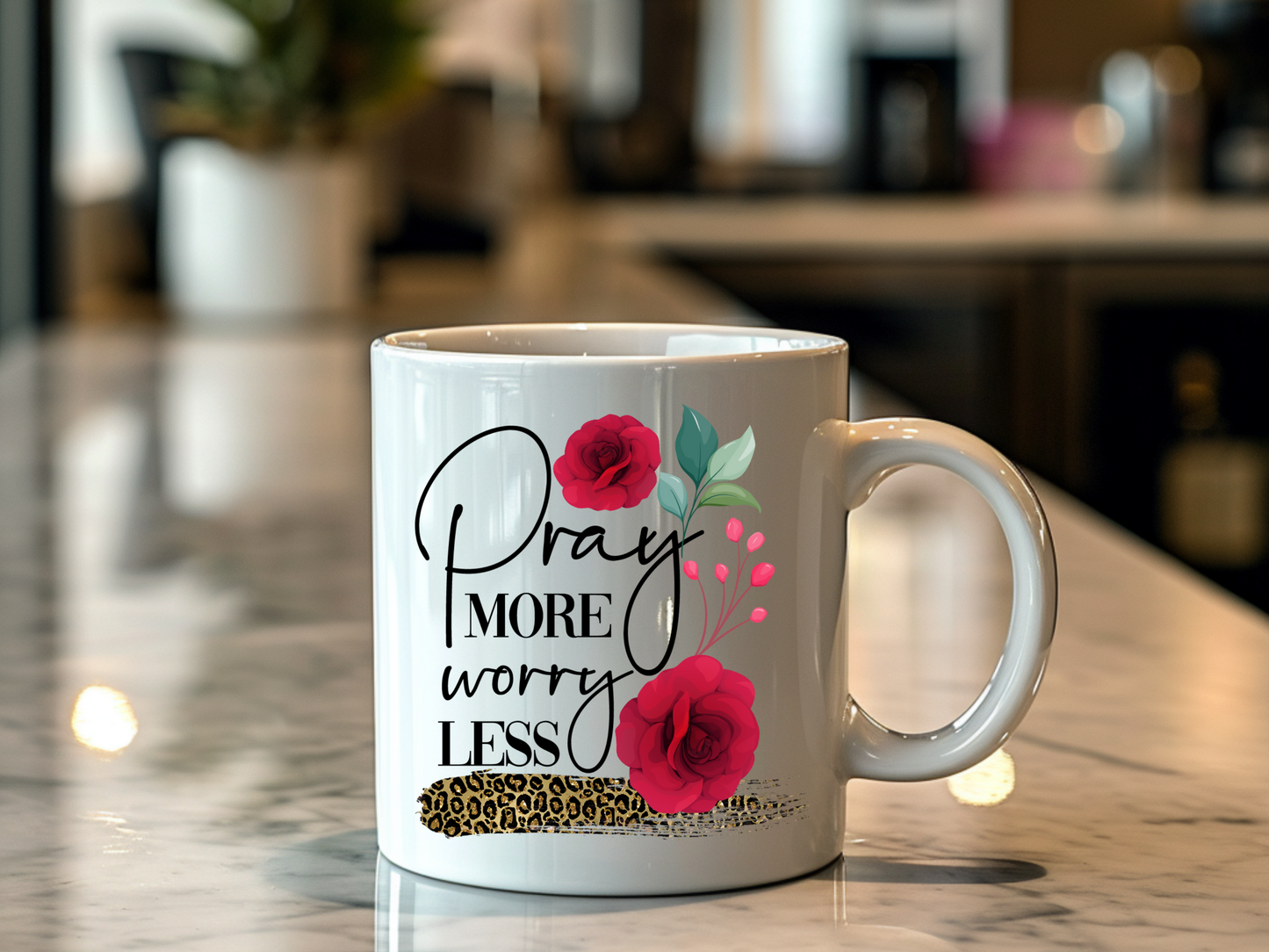 Pray More Worry Less Floral Mug - 11oz Inspirational Ceramic Coffee Cup