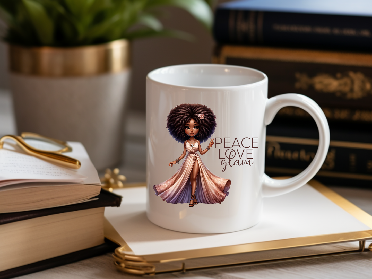 Peace Love Glam Mug - 11oz Ceramic Coffee Cup with Luxury Glam African American Doll Design