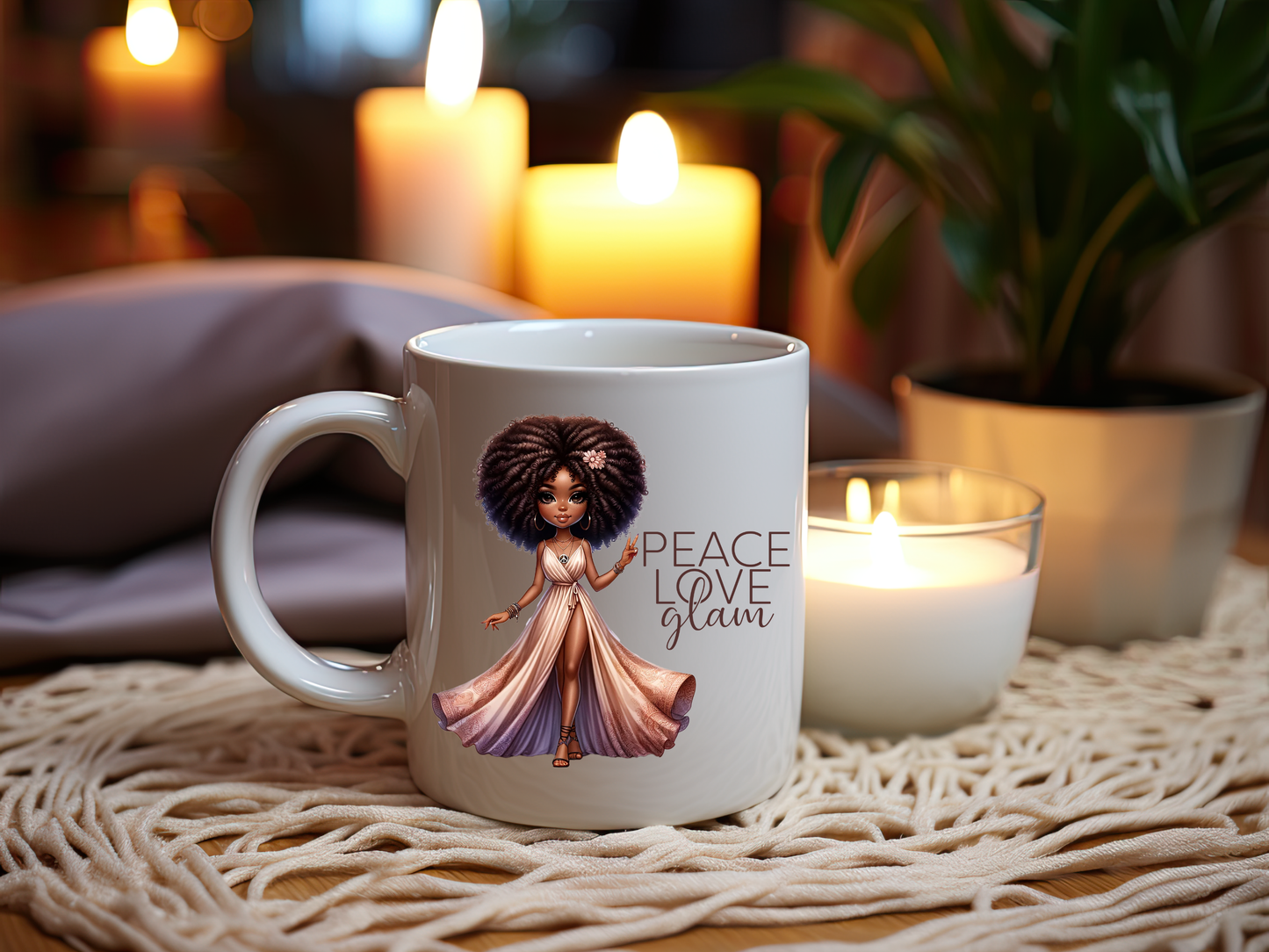 Peace Love Glam Mug - 11oz Ceramic Coffee Cup with Luxury Glam African American Doll Design