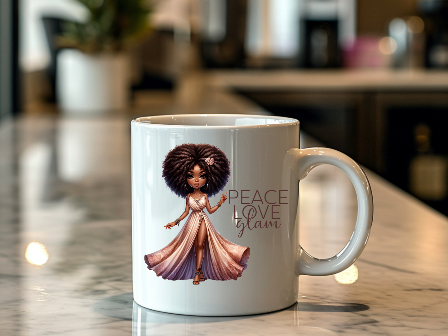 Peace Love Glam Mug - 11oz Ceramic Coffee Cup with Luxury Glam African American Doll Design