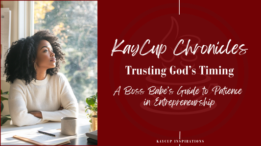 Woman reflecting at her desk, trusting God's timing in entrepreneurship while sipping coffee."