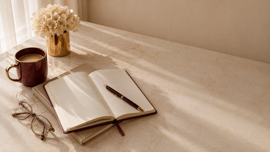 A warm cup and an open prayer journal on a quiet morning desk, ready to pray over your business.